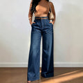 Fashionjeans women's dark blue topstitch large flap pocket pants wide-leg pants american high waistdrapedloosestraight-leg denim pants