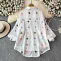 3d embroidered hotfix rhinestone lapel long sleeve shirt - women's  spring new fashion, loose fit, slimming, playful top