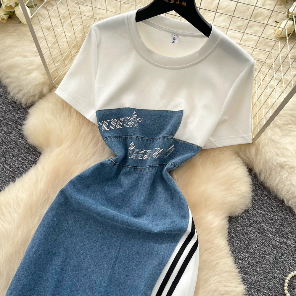 Korean style faux two-piece patchwork round neck dress - women's summer slimming a-line denim dress for work