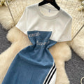 Korean style faux two-piece patchwork round neck dress - women's summer slimming a-line denim dress for work