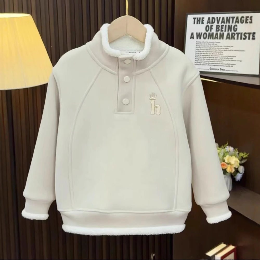 Processing personalized youthwinternew arrivalfleece-linedthickened half snap button sweatshirt baby boy h letter single topsheattech