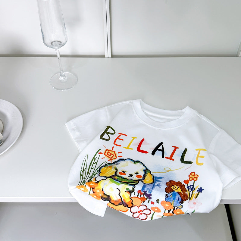 Boys and girls new arrivalsummertopskids cartoon animal short-sleeved t-shirt baby girl k-style foreign style clothes in stock