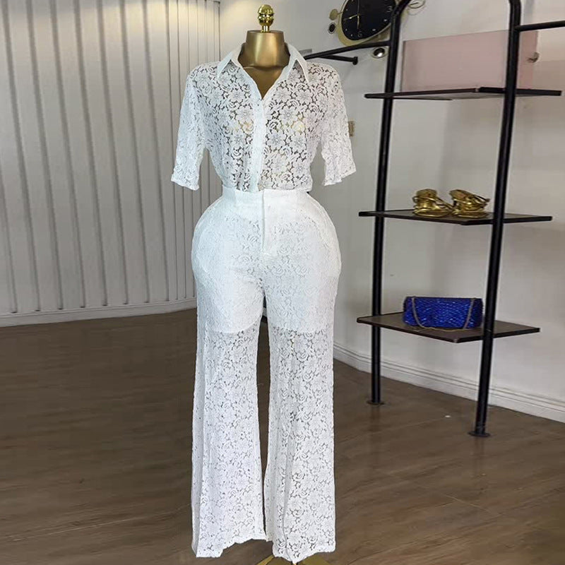 European and american cross-border women's fashion:  autumn new collection - stylish lace collar short sleeve blouse and high-waisted trousers casual set