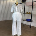 European and american cross-border women's fashion:  autumn new collection - stylish lace collar short sleeve blouse and high-waisted trousers casual set