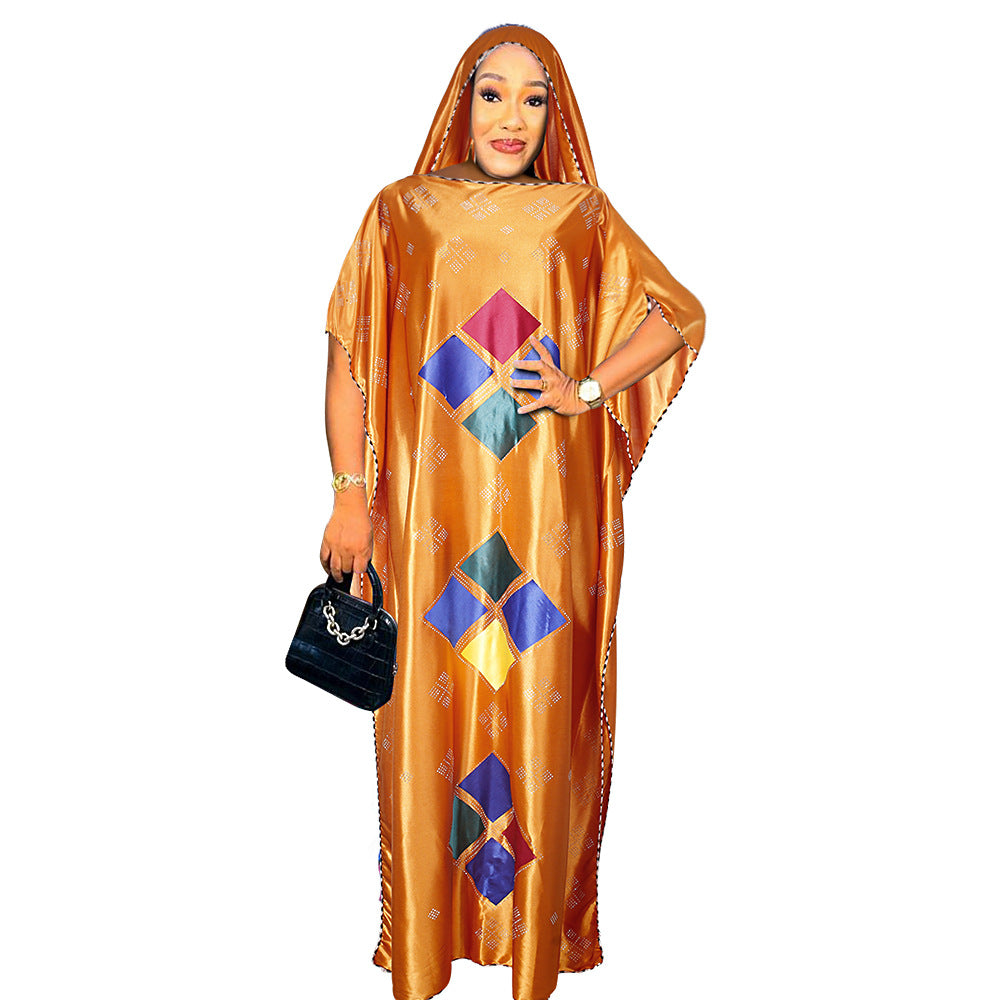 Plus size african robe dress with rhinestone embellishments and headscarf - cross-border supply for