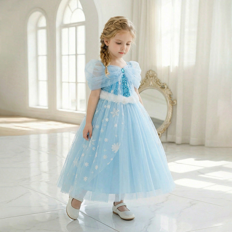 Frozen-themed cosplay costume for girls: princess dress with sequined cape, tulle train, and puffy flower girl skirt