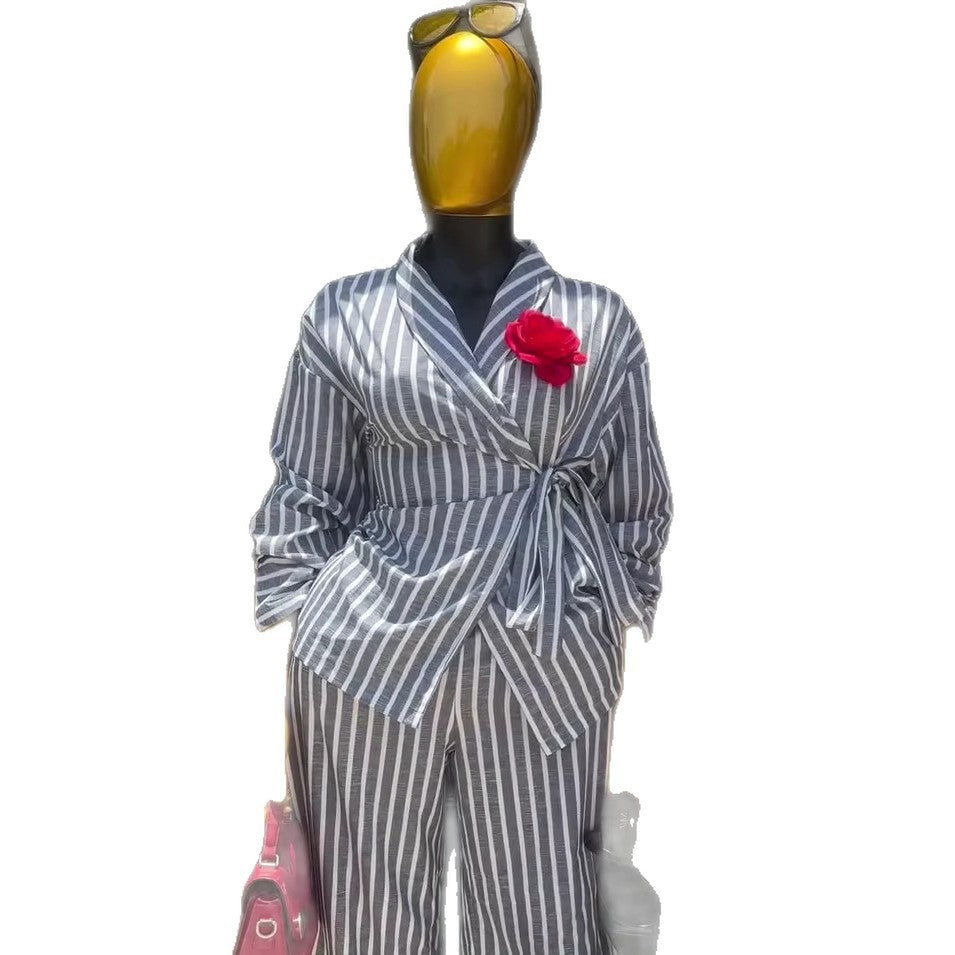 European and american cross-border women's fashion:  summer new arrivals - stylish casual striped tie-front shirt and high-waisted pants set