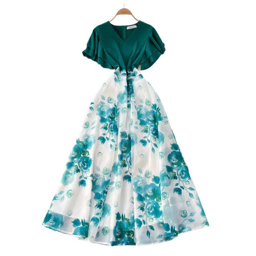 French chic v-neck ruffle sleeve patchwork print dress - women's summer color block korean style fitted high-end maxi dress