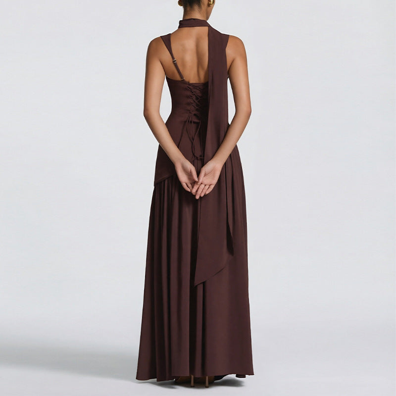 women's summer new arrivals:  cross-border fashion - european & american style, elegant solid color pleated slit dress