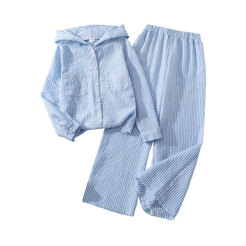 Girls' outfit set:  spring/summer new style - chic striped long-sleeve shirt & casual pants - kids' sun protection two-piece set