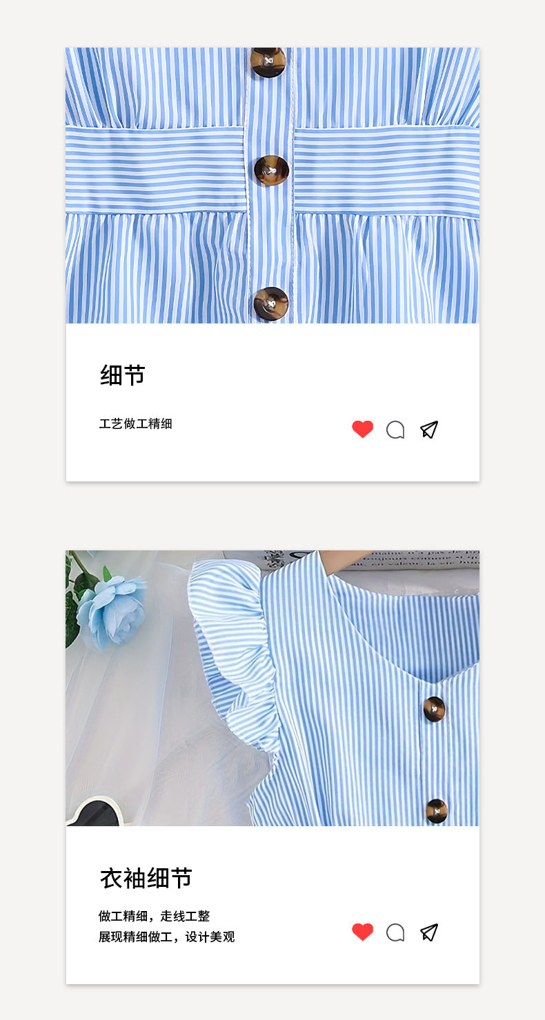Summer girls' flutter sleeve pinstripe dress - blue & white single-breasted button-down french style a-line sundress