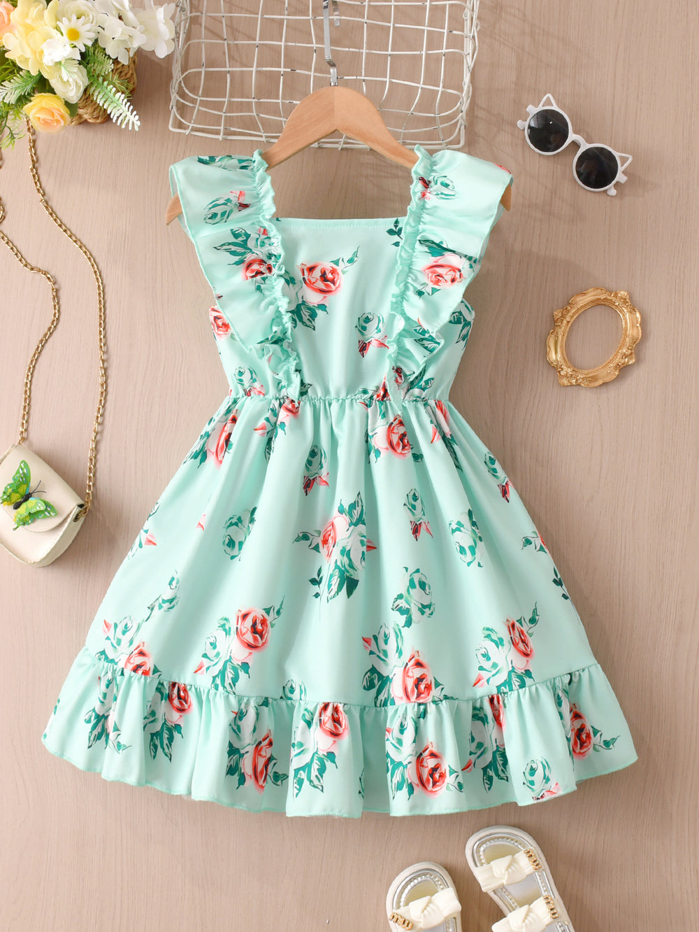 Exportgirldress with fungus edge flying sleeves one-line collar mint green printingsweet fresh kidssummer skirt