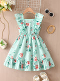 Exportgirldress with fungus edge flying sleeves one-line collar mint green printingsweet fresh kidssummer skirt