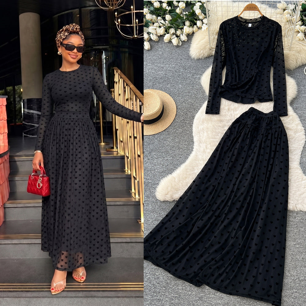 French chic polka dot two-piece set: women's autumn long sleeve high-waisted slimming mesh top and midi skirt elegant outfit