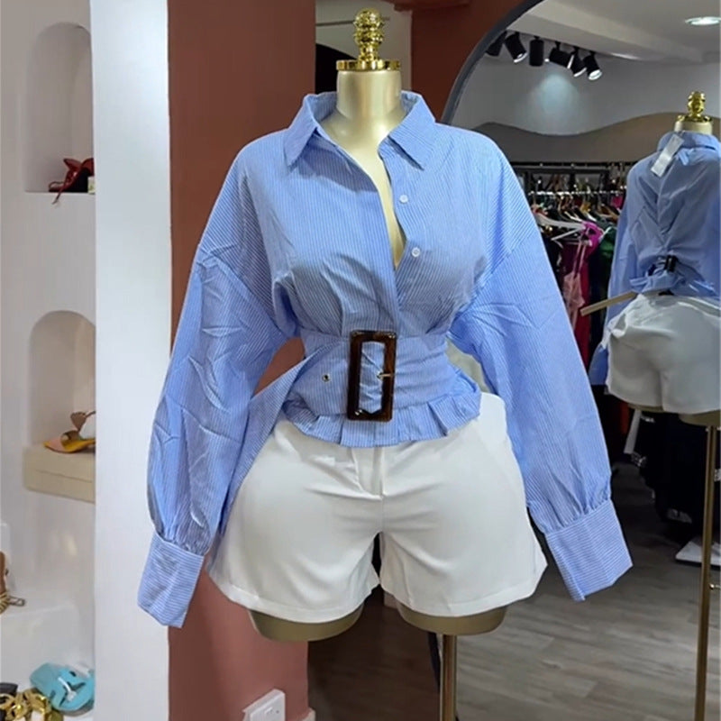 European and american cross-border women's fashion:  autumn new arrival - designer collared, cinched waist, tie-waist, short striped long-sleeve shirt