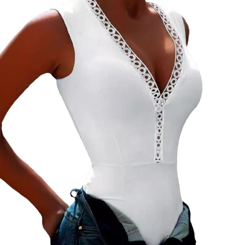 european and american export women's v-neck bodycon jumpsuit solid color sexy triangle cutout tank top pants