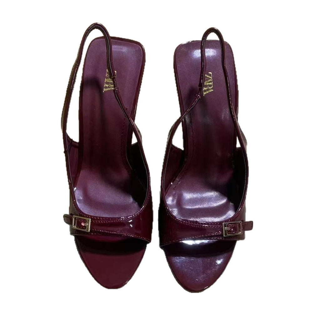 Za's 2025 spring new arrivals: burgundy and black women's patent leather peep-toe pumps with buckled ankle strap and stiletto heel