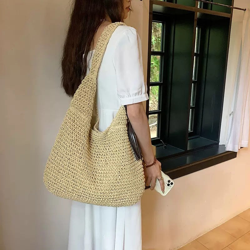 Mori Lazy Wind Woven Bag Stylish and Simple Shoulder Bag Handmade Woven Bag Casual Versatile Large Capacity Beach Bag