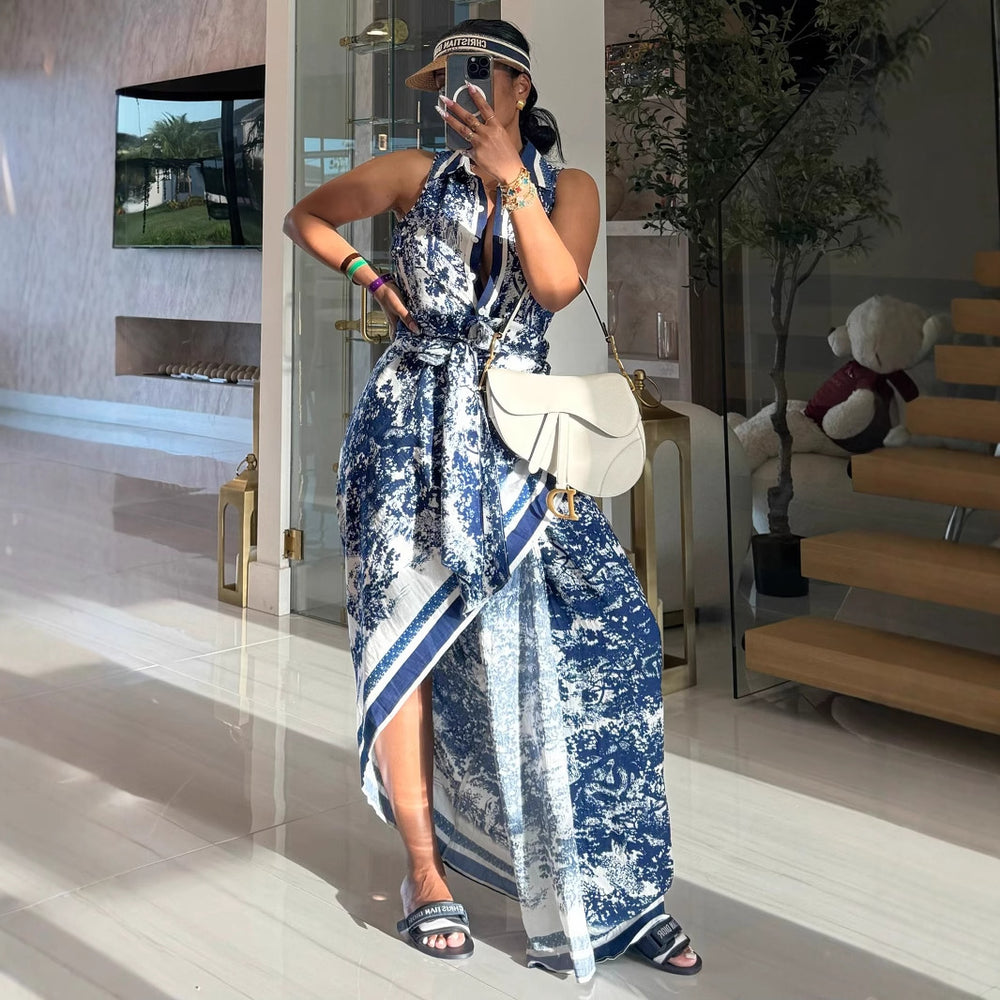 new women's printed maxi dress - fashionable, sexy, high-slit, flowy bohemian style with belt