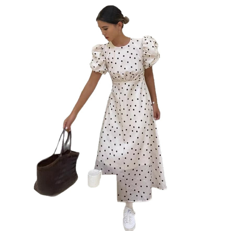 French polka dot dress women's summer  new arrival draped niche design puff sleeve elegant slimming long dress