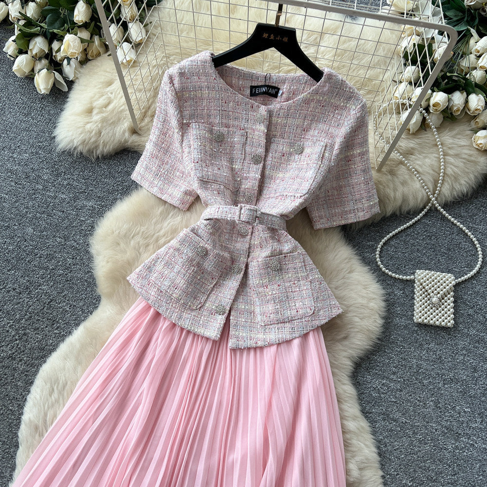 Xiaoxiangfengsequin round neck pleatedpatchworkdress women's summerclassy waist slimming lookpleated long skirt work clothing