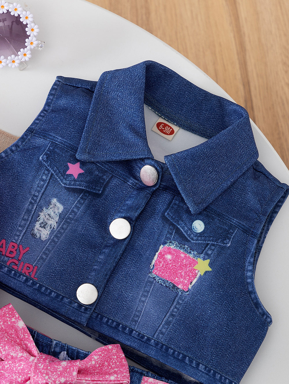 cross-border e-commerce exclusive: faux denim print vest, crew neck top, and pants 3-piece kids' set