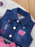 cross-border e-commerce exclusive: faux denim print vest, crew neck top, and pants 3-piece kids' set