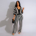 Amazon hot selling european and american women's sexy v neck cut outstripes lapel knitting wide pants suit
