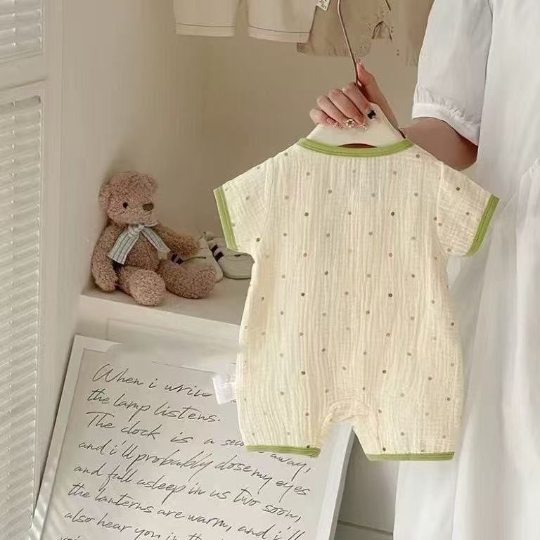 Infant and toddler summer lightweight muslin cotton romper, unisex baby cartoon spooky fresh short-sleeve onesie, sweat-absorbent and breathable