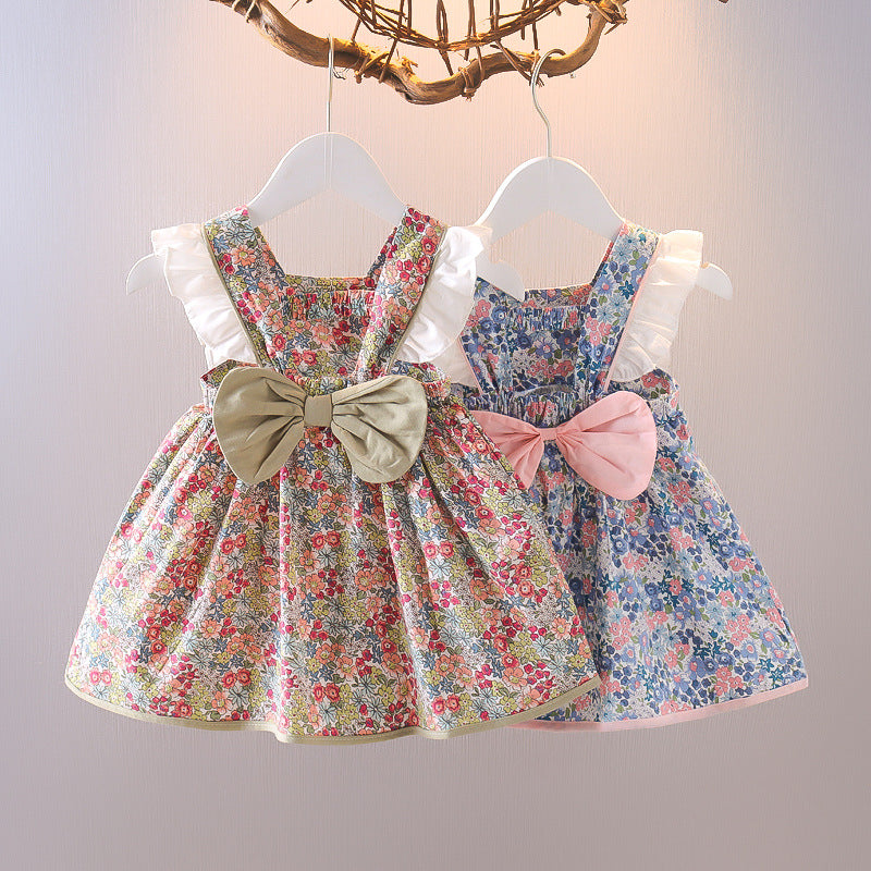 summer new arrival: girls' floral cotton dress with back bow and lace trim, featuring lace sleeves
