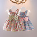 summer new arrival: girls' floral cotton dress with back bow and lace trim, featuring lace sleeves