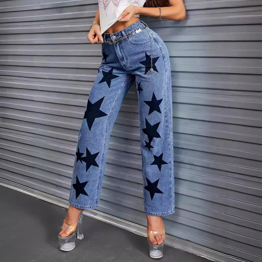 Women's black star denim jeans - new casual, edgy street style wide leg high waist washed jeans
