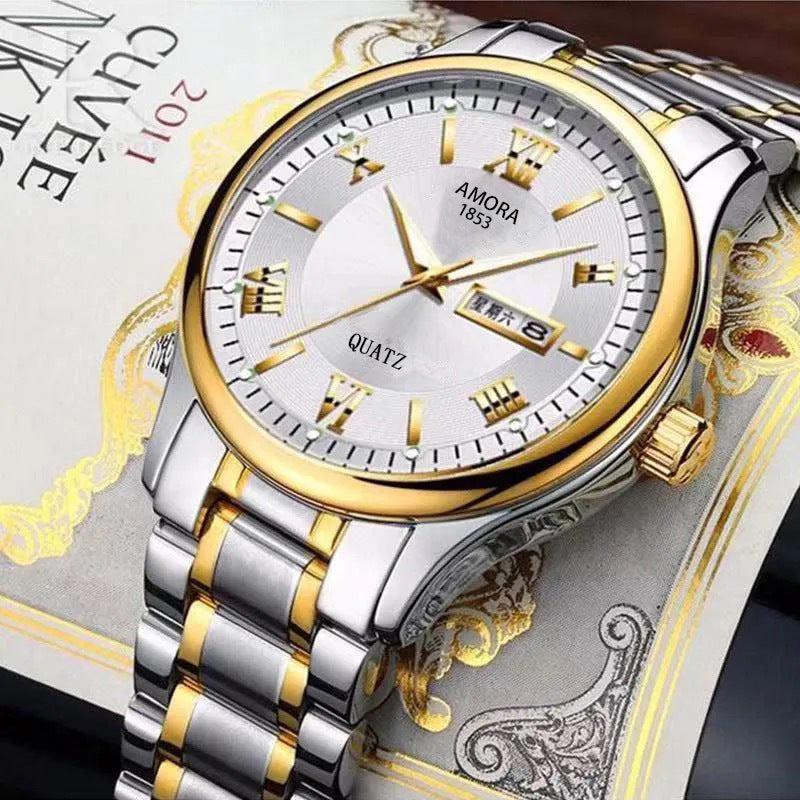 Business gold classic roman style watch stainless steel dual calendar non-mechanical waterproof quartz men's wristwatch - custom logo available