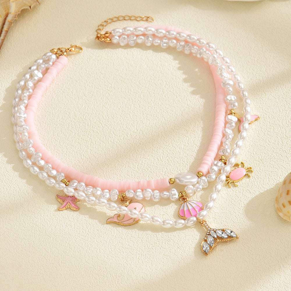 European and american cross-border beach style polymer clay faux pearl layered necklace - irregular design seashell starfish jewelry necklace for women