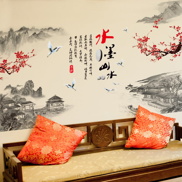 Wall sticker creative landscape calligraphy calligraphy painting landscape sticker background wall living room bedroom decoration self-adhesive painting XH9253