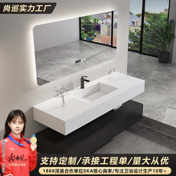 [Customized] Nordic minimalist rock slab integrated basin, bathroom cabinet combination, smart mirror cabinet, bathroom wash basin cabinet