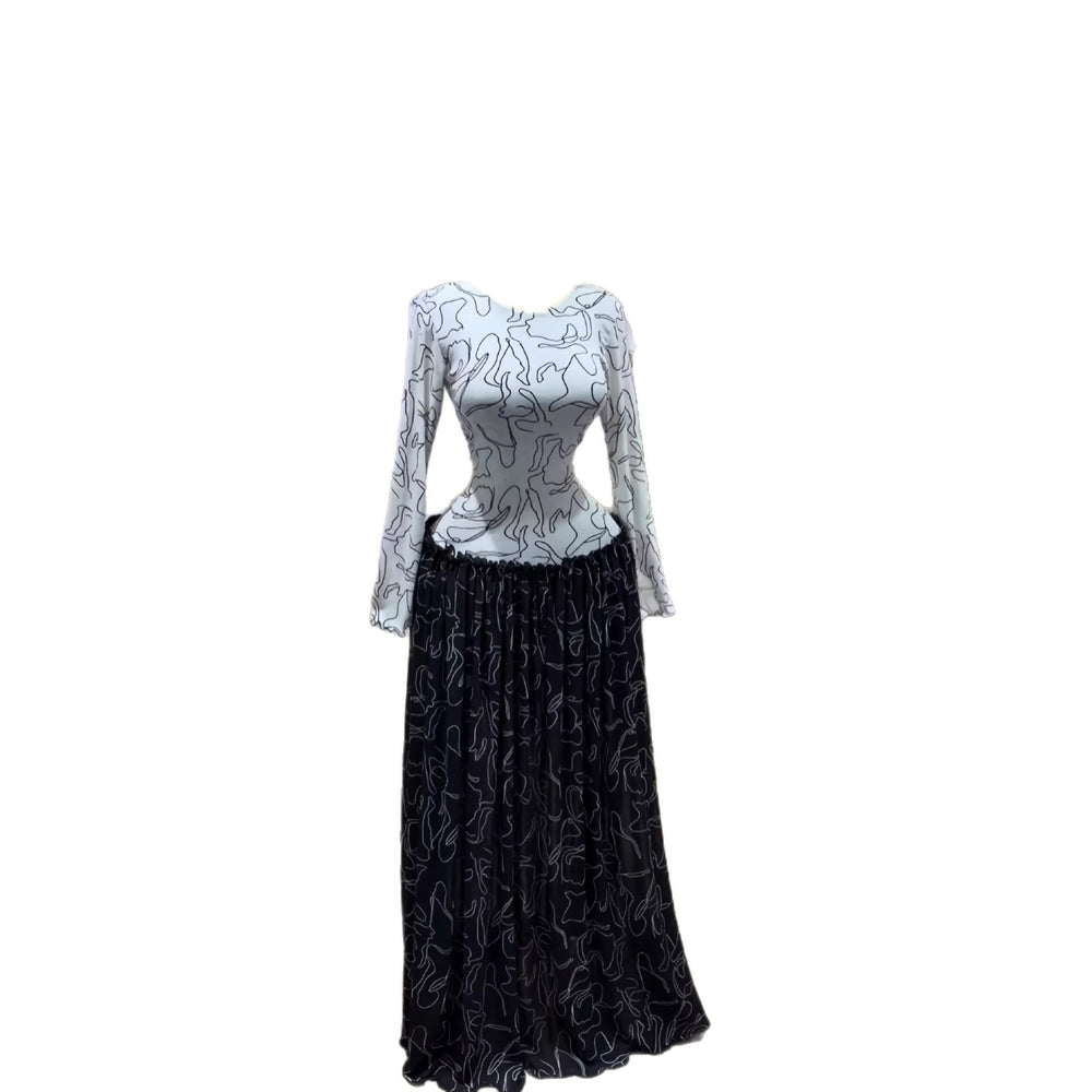 European and american cross-border women's fashion  spring new arrival: long-sleeved, round neck, printed, slim-fit, pleated, patchwork maxi dress