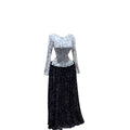 European and american cross-border women's fashion  spring new arrival: long-sleeved, round neck, printed, slim-fit, pleated, patchwork maxi dress