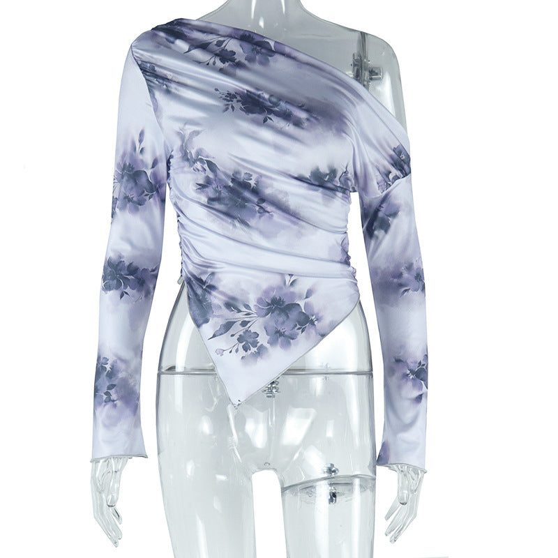 Fashionins cross-border foreign trade wholesale women's long-sleeved new t-shirt tie-dye printing off-shoulder slanted collar asymmetrical hem