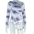 Fashionins cross-border foreign trade wholesale women's long-sleeved new t-shirt tie-dye printing off-shoulder slanted collar asymmetrical hem