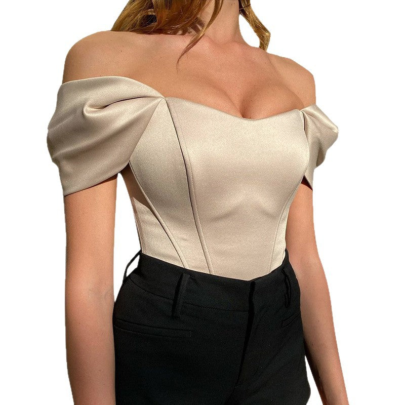 summer new arrival cross-border fishbone corset bandeau top women's satin off-the-shoulder blouse european and american style