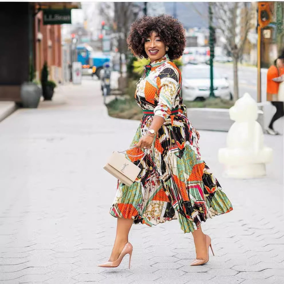 Satin printing pleated elegant socialite style african fashion shirt collar waist shirt collar long skirt