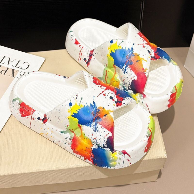Cross slides women's 2025 summer new trendy graffiti outdoor non-slip thick sole indoor home slippers