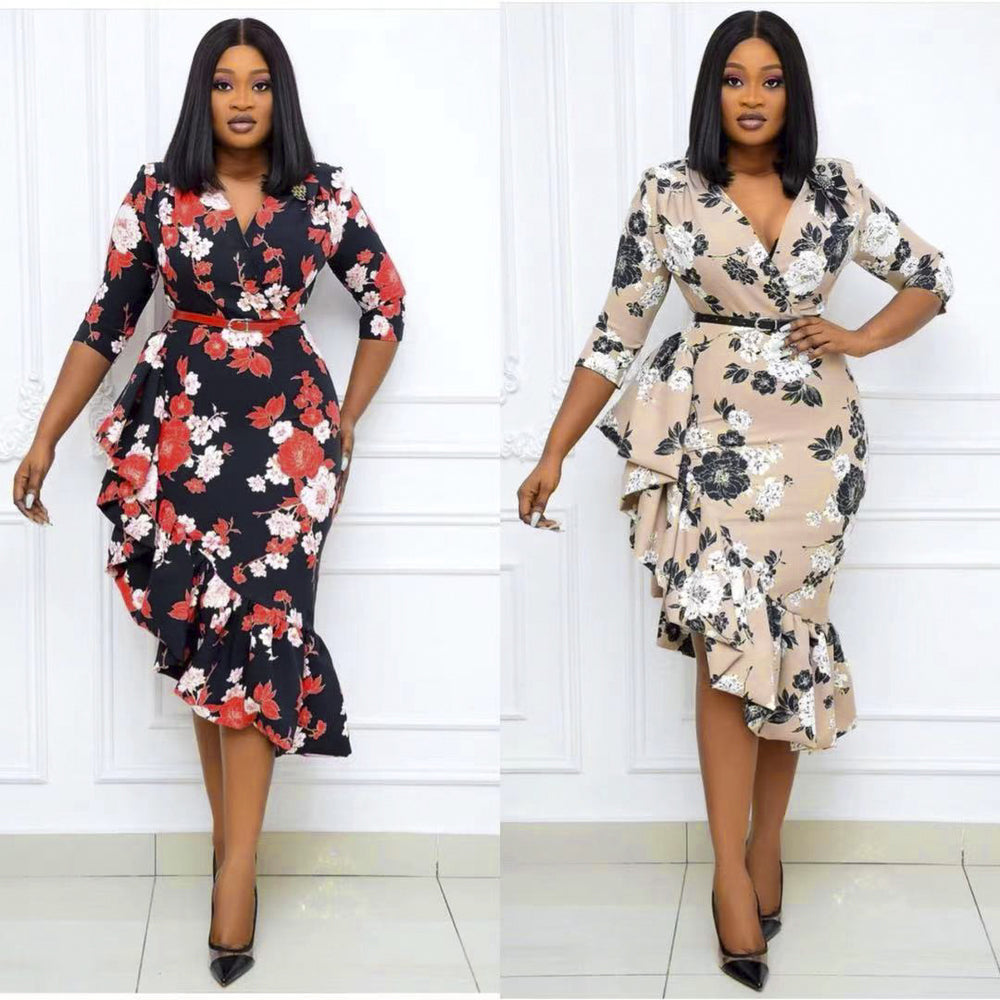 European and american african women's summer plus size clothing  v-neck private label socialite print irregular dress