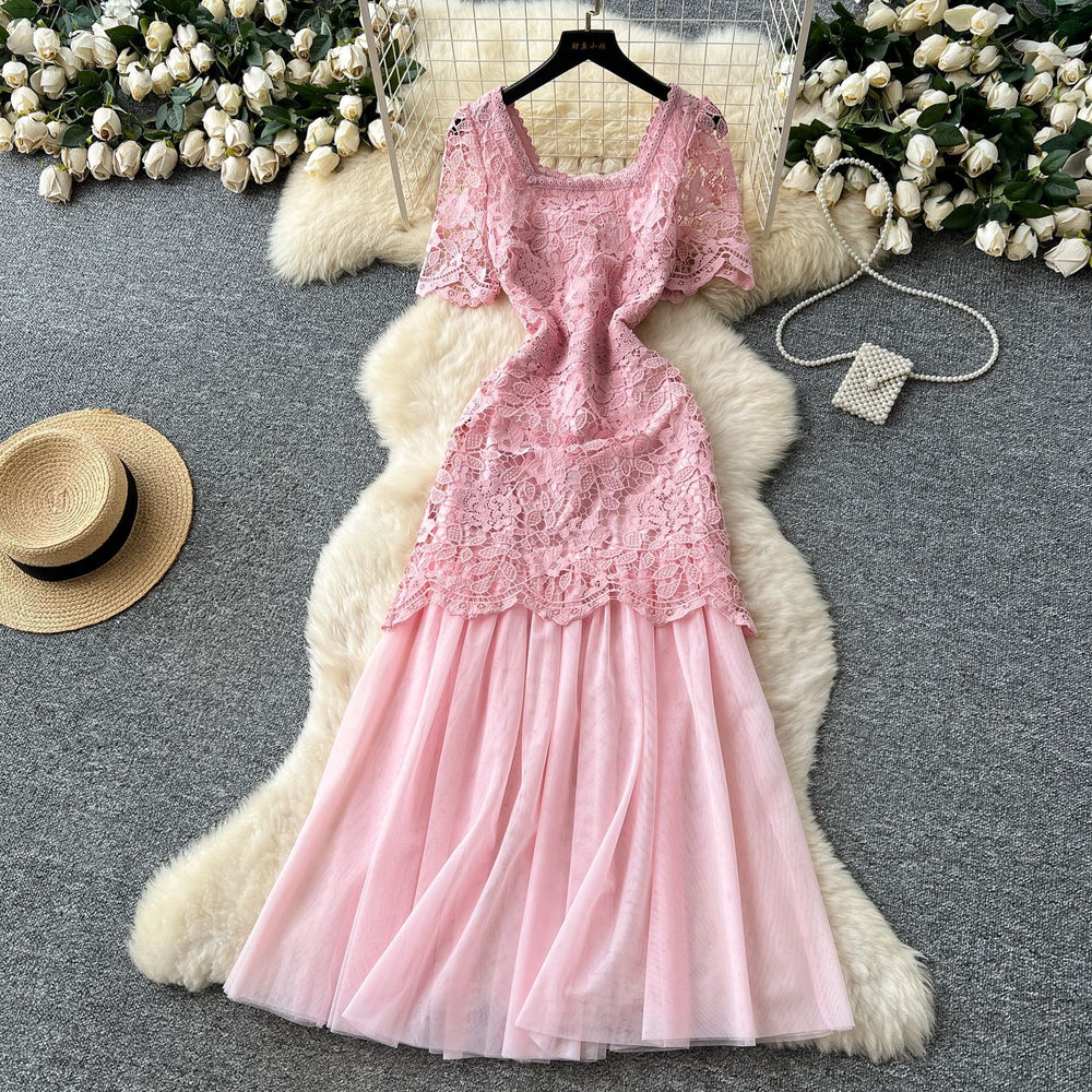 Frenchromantic atmosphere square neck dress female summer mesh embroiderpatchworksense of design royal sister elegant long skirt