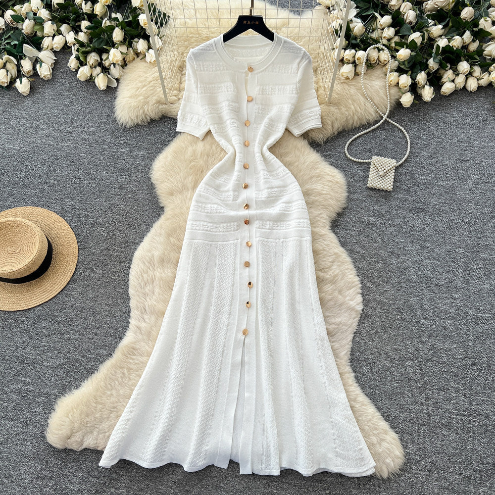 exportelegance style pure color single breasted knittingdress women's summerk-style silm slit long skirt dres