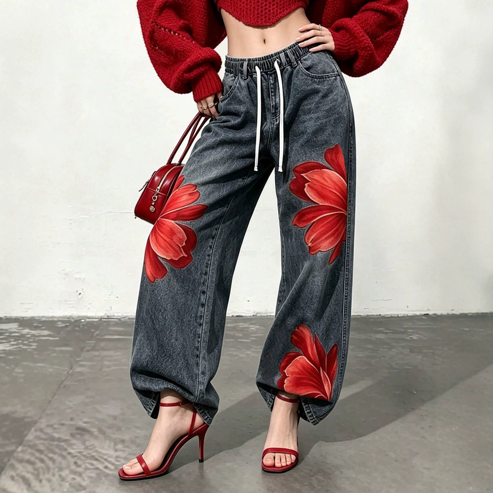 Fashionjeans women's drawstring waist red flower printing distressed gray black wide leg jogger pants cross-border casual women's clothing new arrival