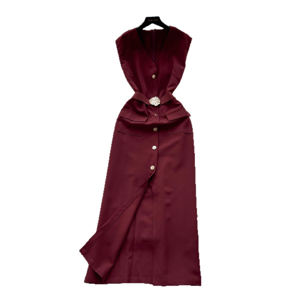 Lightly mature elegance style v neck buttoned casualdress women's summer red waist elegance mid-length a-line skirt work clothing