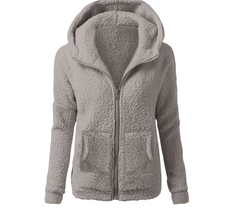 women's fashion solid color hoodie - loose fit plush zip-up jacket top