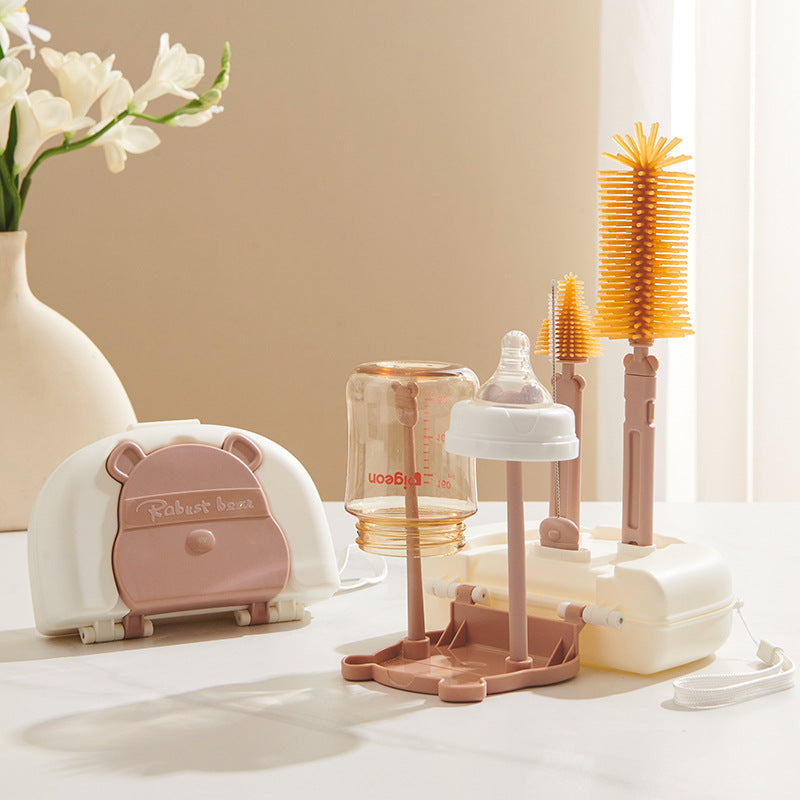 Infant and toddler cleaning brush set - includes straw brush, cup brush, drain rack, and storage box - baby silicone bottle brush
